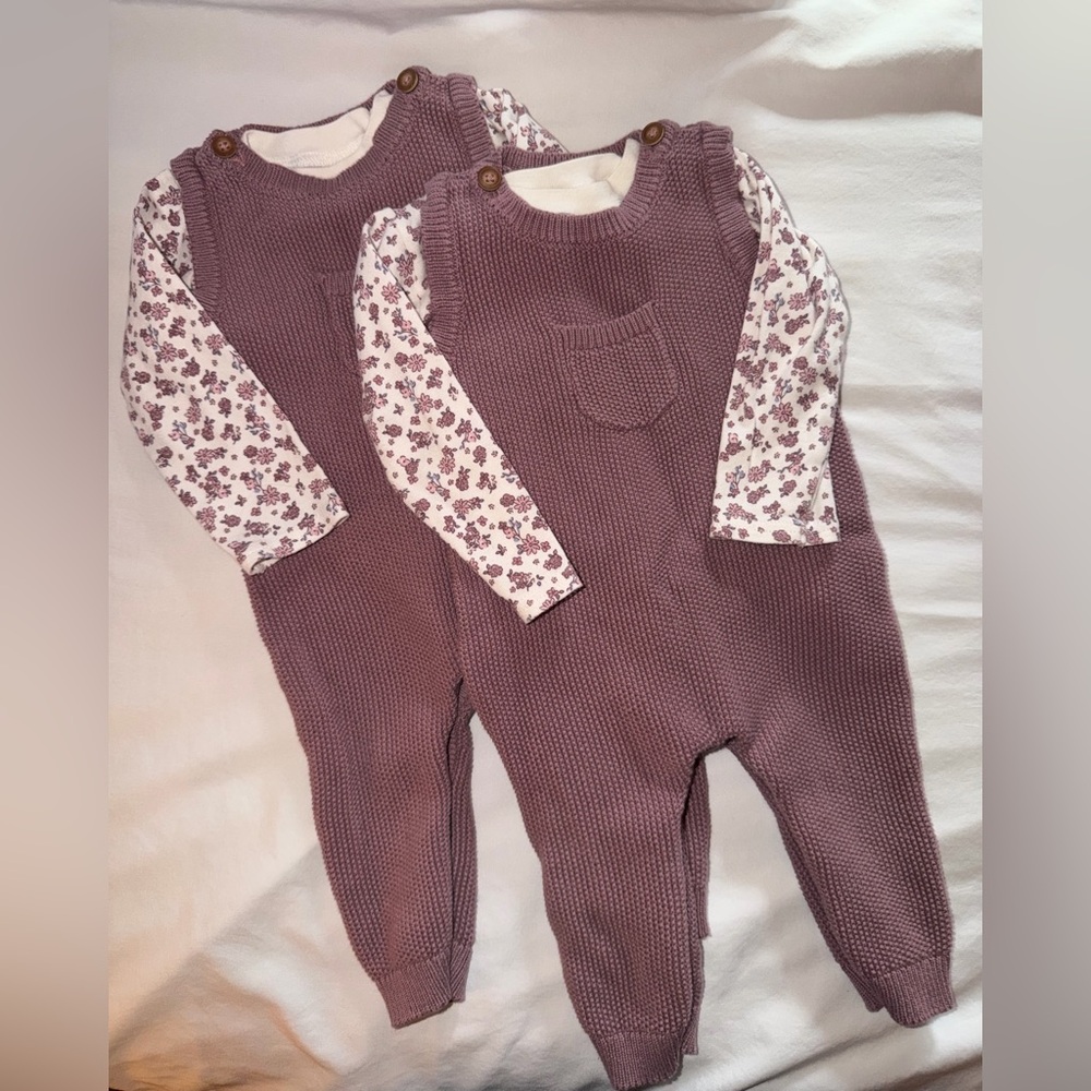 Twin set! Carter's Mauve Knit Baby Overalls with Floral Shirt